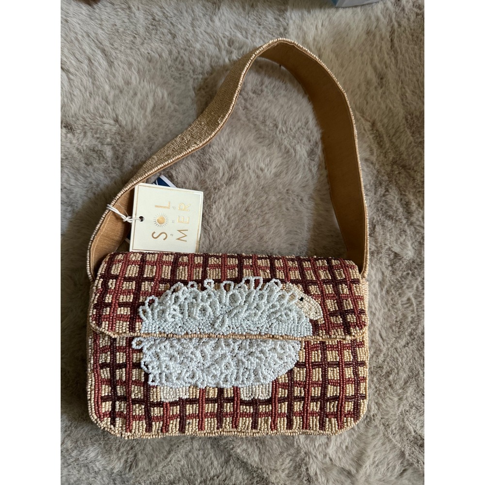 Sol and Mer Beaded Sheep Shoulder Bag Plaid Flap Purse Tan Burgundy Cream NEW